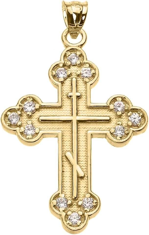 Religious Jewelry 10k Yellow Gold CZ Eastern Orthodox Cross Pendant