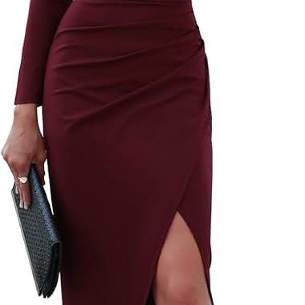 Womens One Shoulder Long Sleeve Cocktail Dresses Sexy Bodycon Ruched Wrap Split Party Formal Long Dress