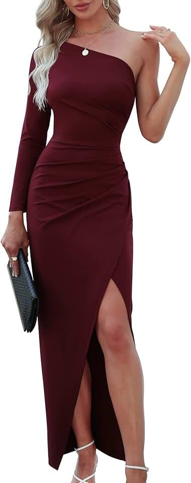 Womens One Shoulder Long Sleeve Cocktail Dresses Sexy Bodycon Ruched Wrap Split Party Formal Long Dress