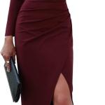 Womens One Shoulder Long Sleeve Cocktail Dresses Sexy Bodycon Ruched Wrap Split Party Formal Long Dress