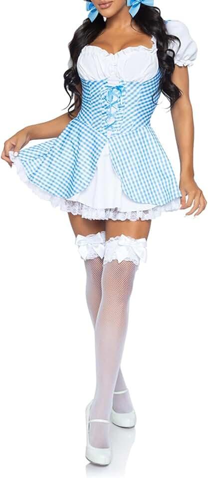 Women Halloween Blue Princess Dress Plaid Print Puff Sleeves Gingham Dress Halloween Fancy Dress