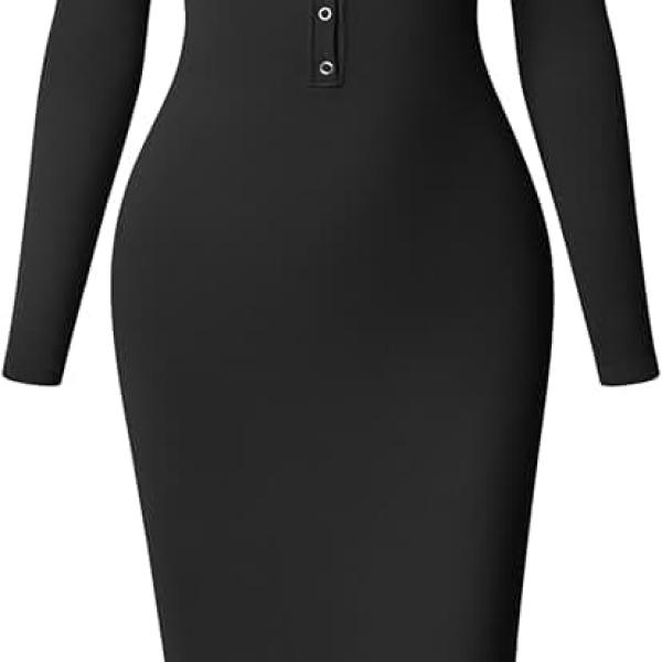 OQQ Women's Long Sleeve Maxi Dress Ribbed Back Slit Button Down Bodycon Soft Going Out Elegant Party Dresses