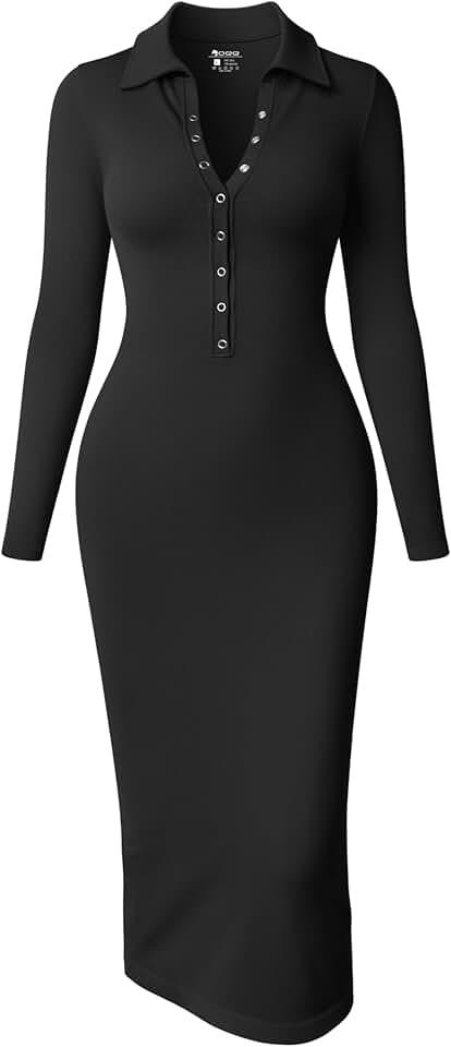 OQQ Women's Long Sleeve Maxi Dress Ribbed Back Slit Button Down Bodycon Soft Going Out Elegant Party Dresses