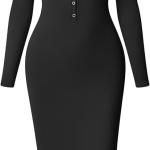 OQQ Women's Long Sleeve Maxi Dress Ribbed Back Slit Button Down Bodycon Soft Going Out Elegant Party Dresses