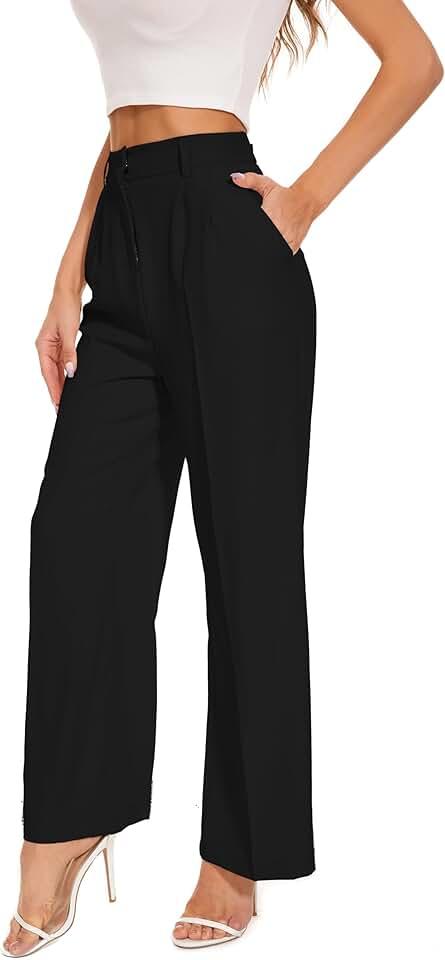 FUNYYZO Women's Wide Leg Pants High Elastic Waisted in The Back Business Work Trousers Long Straight Suit Pants