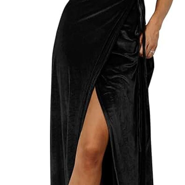 Women's V Neck Wrap Velvet Maxi Dress Bell Sleeve Split Bridesmaid Cocktail Party Dresses