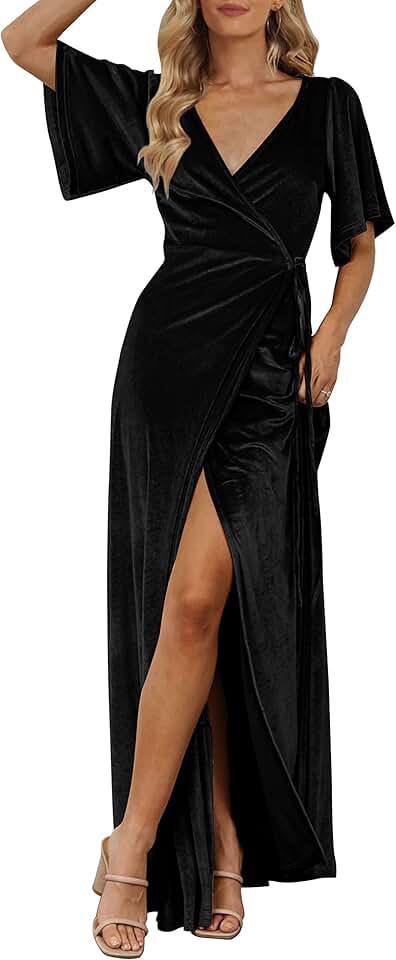 Women's V Neck Wrap Velvet Maxi Dress Bell Sleeve Split Bridesmaid Cocktail Party Dresses