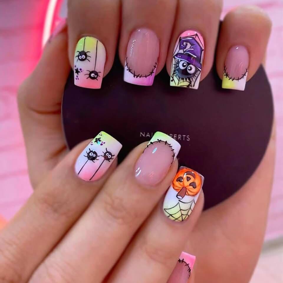 24 Pcs Halloween Press on Nails Short Square - SHANRUN Colorful Fake Nails Press ons Patches French