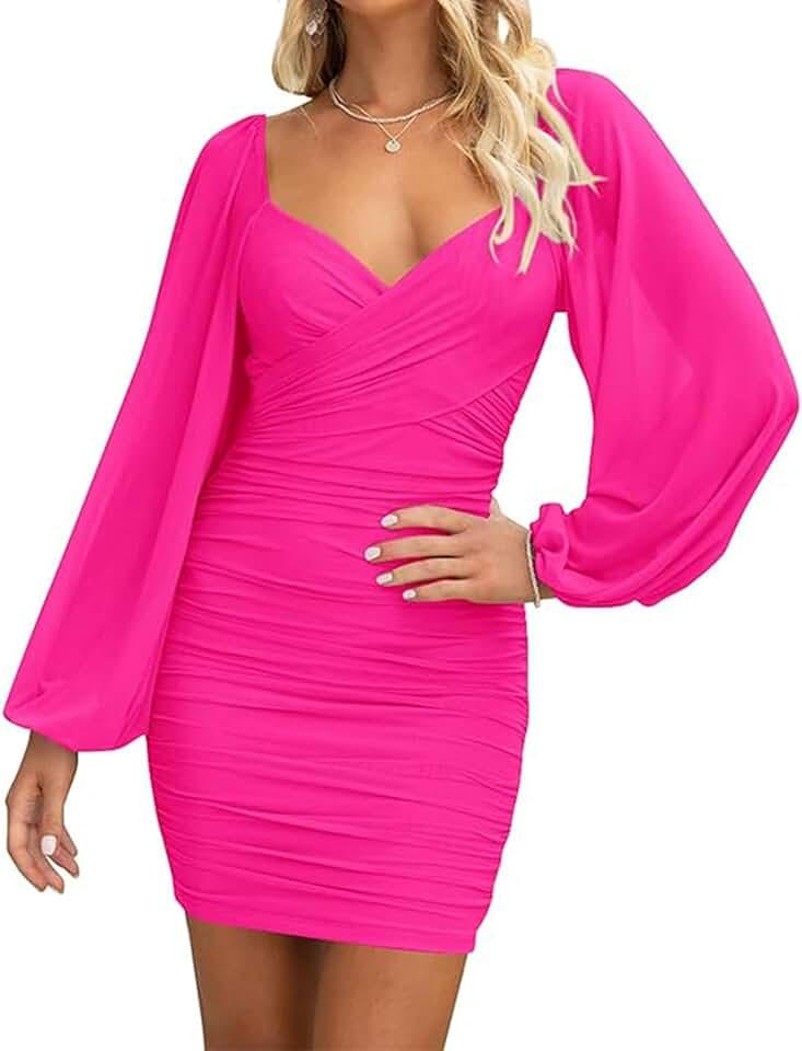 Women's Elegant Ruched Bodycon Dresses Summer Fall Mesh Long Sleeve Cross V Neck Party Club Cocktail Mini Dress