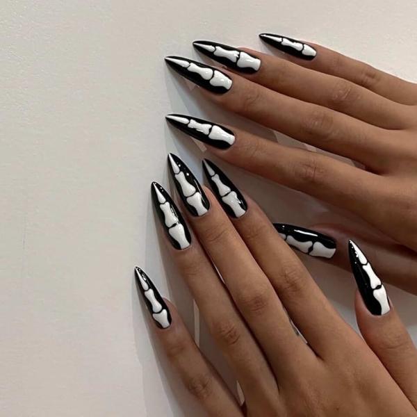 24Pcs Gothic Bones Press on Nails-Long Halloween Fake Nails Full Cover Pointed Almond False Nails