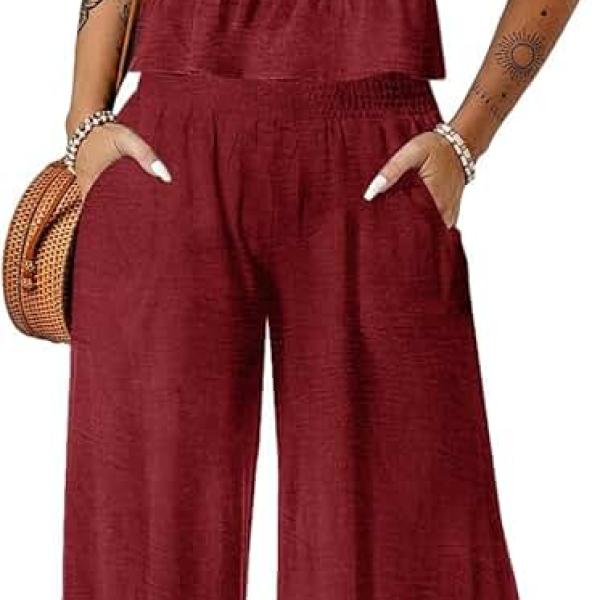 Dokotoo Pants Sets Women 2 Piece Outfits Sleeveless Round Neck Tank Tops Matching Sets for Women Elastic Waist Wide Leg