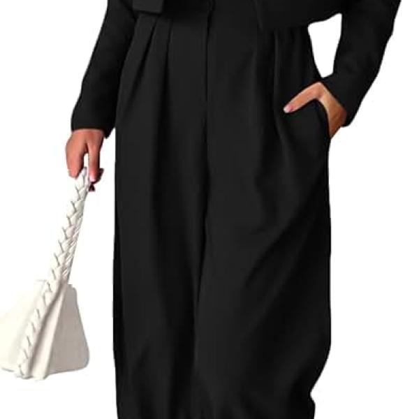 PRETTYGARDEN Women's 2 Piece Casual Outfits Cropped Blazer Jackets High Waisted Wide Leg Work Pants Suit Set