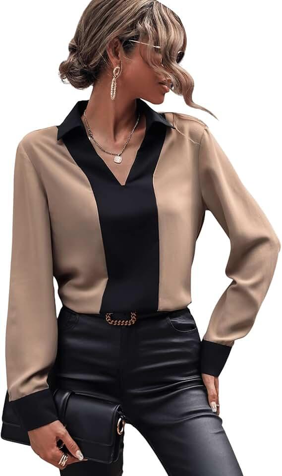 OYOANGLE Women's Colorblock V Neck Long Sleeve Collared Shirt Work Office Blouse Tops