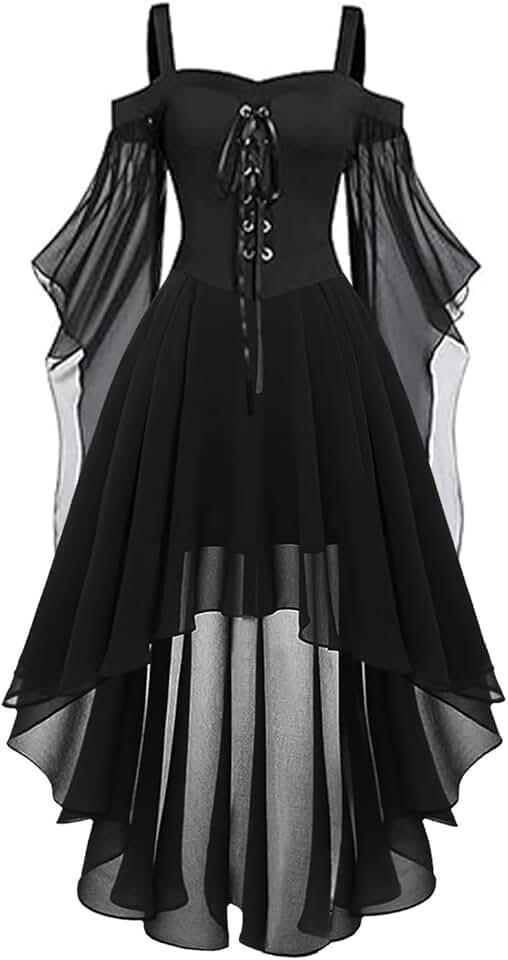 Women Witch Dress Renaissance Medieval Vampire Costume Halloween Cosplay Butterfly Sleeve Mesh