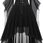 Women Witch Dress Renaissance Medieval Vampire Costume Halloween Cosplay Butterfly Sleeve Mesh