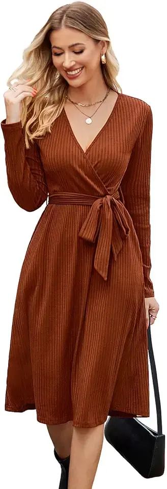 Newshows Womens 2024 Fall Sweater Dress Long Sleeve Business Casual Outfits V Neck Ribbed Knit Belt Trendy with Pockets