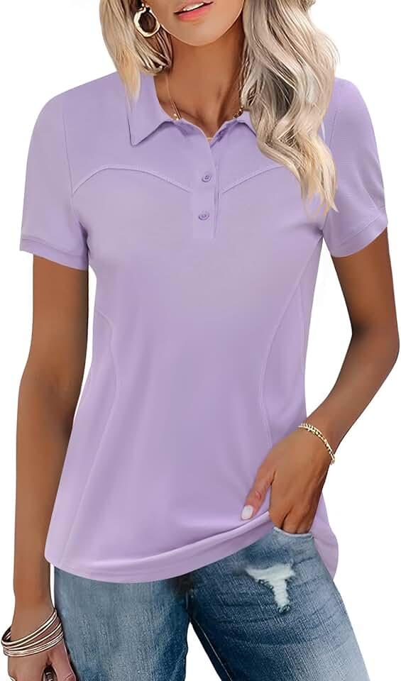 TFSDOD Womens Golf Polo Shirts Collared Short Sleeve T Shirt Lightweight Moisture Wicking Polo Casual 3 Buttons Outfits