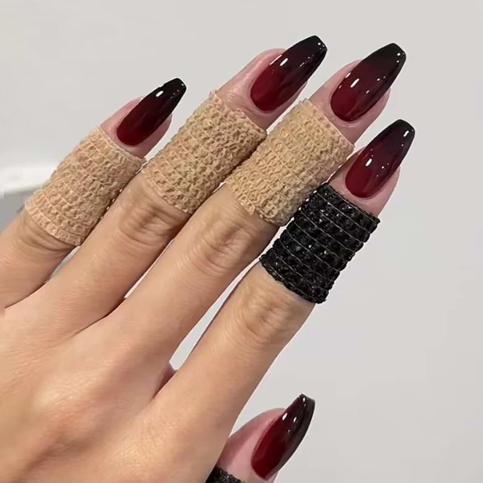 BABALAL Halloween Press on Nails Medium Coffin Fake Nails Black Red Goth Glue on Nails 24Pcs Glossy