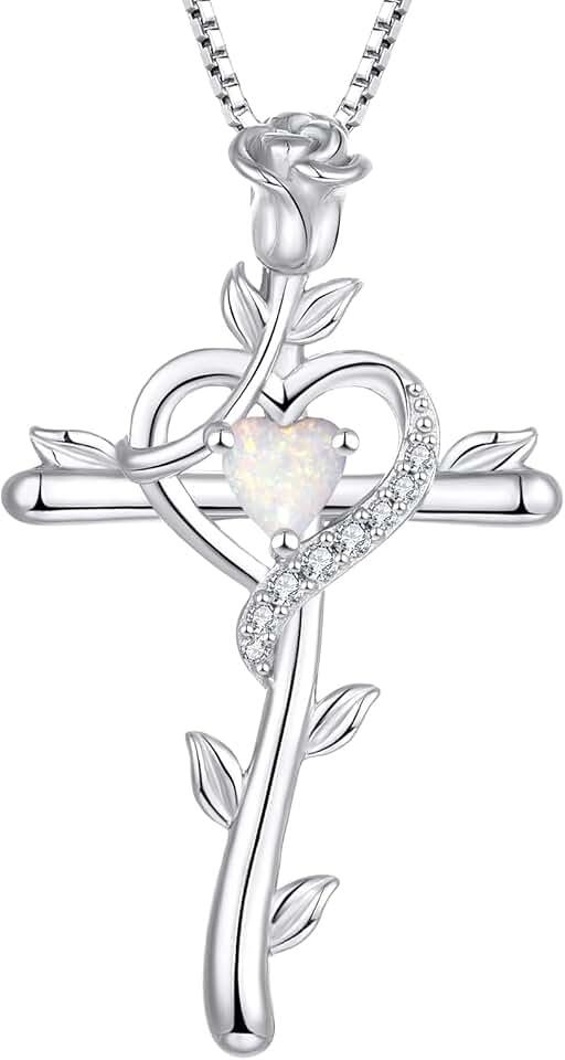 STARCHENIE Rose Cross Necklace 925 Sterling Silver Heart Crucifix Pendant Birthstones Jewelry for