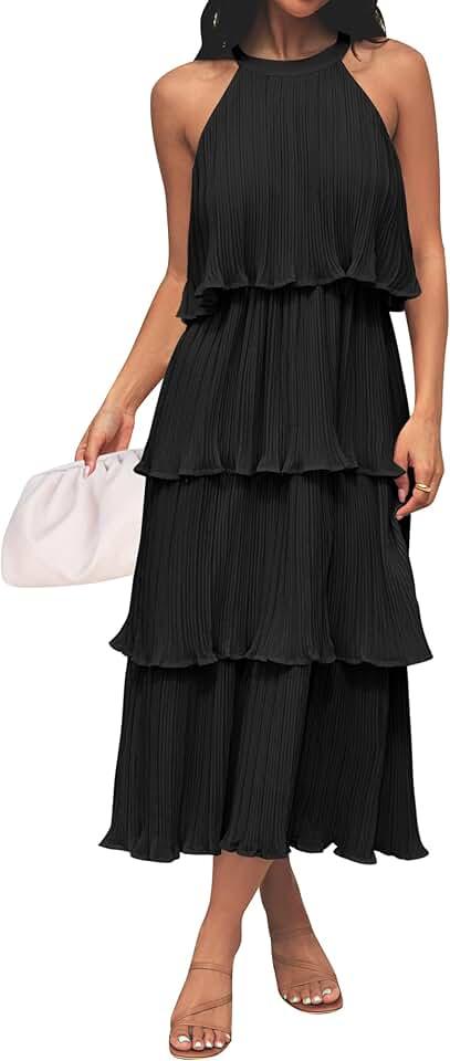 Women's 2024 Summer Sleeveless Halter Neck Ruffle Tiered Layed Chiffon Flowy Swing Long Midi Dress