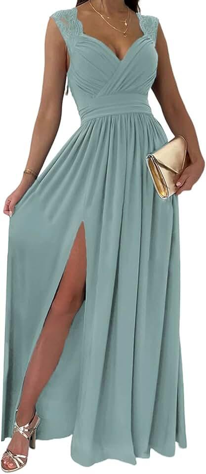 Womens 2024 Formal Dresses Wrap V-Neck Ruched Sexy Bridesmaid Wedding Guest Maxi Dresses