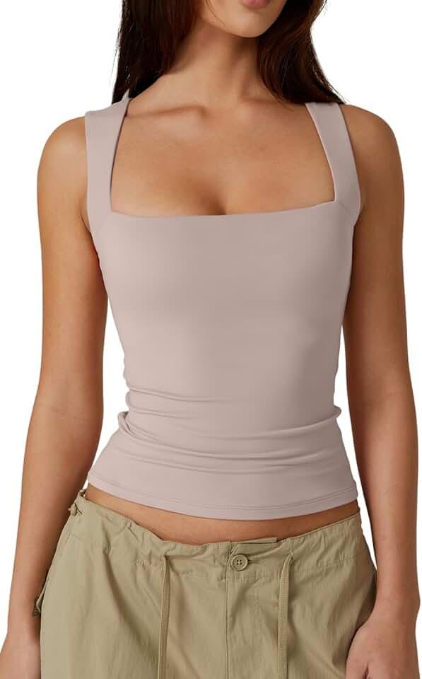 Women's Square Neck Sleeveless Double-Layer Tank Tops Basic Tight T Shirts