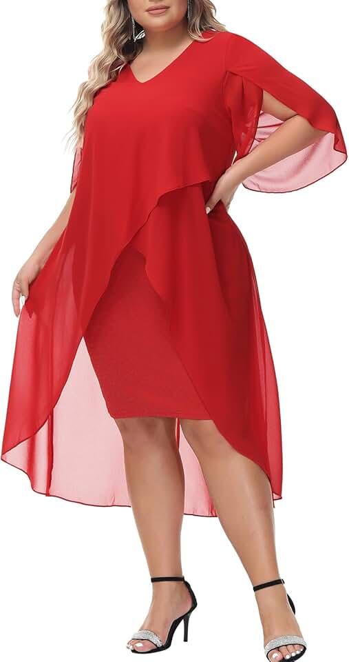 Womens Plus Size Chiffon Cocktail Dress Ruffle 3/4 Sleeve Wedding Guest Party Dresses with High Low Hem