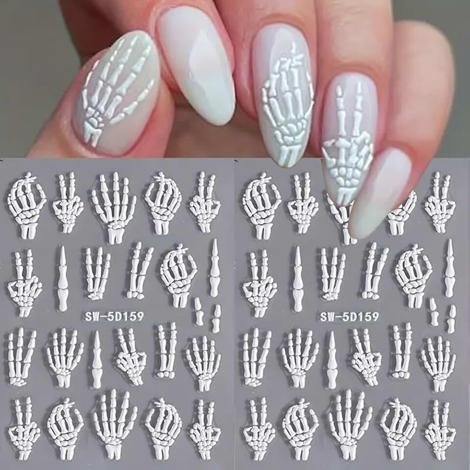 Halloween Skull Nail Art Stickers Skeleton Bones Nail Art Decals 3 Sheets 5D Embossed Finger Skull