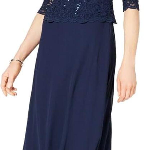 Women's 3/4 Sleeve Stretch Lace Bodice Mock One Piece Gown