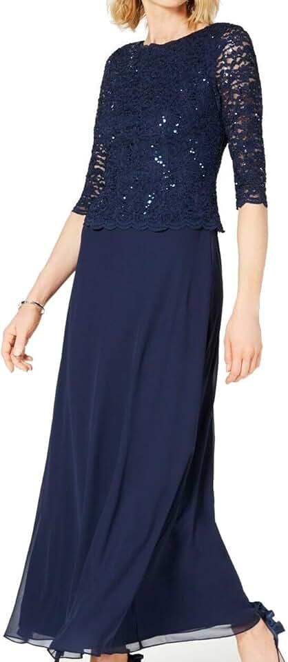 Women's 3/4 Sleeve Stretch Lace Bodice Mock One Piece Gown