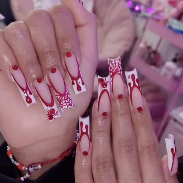 24Pcs Halloween French Tip Press on Nails Long Square Fake Nails with Red Spider Rhinestones Glue