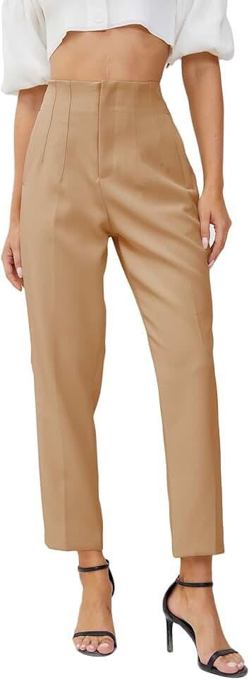 Women's High Waisted Business Trousers Straight Leg Pleated Office Slacks Pants