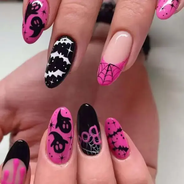 Halloween Nails Acrylic Press on Nails Medium Almond Fake Nails French Tip Glue on Nails Full Cover