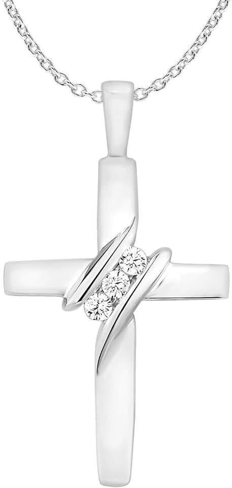 10k Diamond Three-Stone Cross Pendant Necklace Religious Jewelry (0.05cttw, I-J/I2-I3) 18"