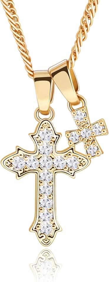 Cross Necklace for Women,18K Gold Plated CZ Cross Pendant Necklace,Double Cross Necklace with Gold