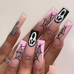 Coffin Press on Nails Halloween French Tip Fake Nail Long Pink Ghost face Spiderweb False Nail with