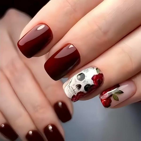 Halloween Press on Nails Skeleton Square Fake Nails with Flowers Designs False Nails Red Glossy