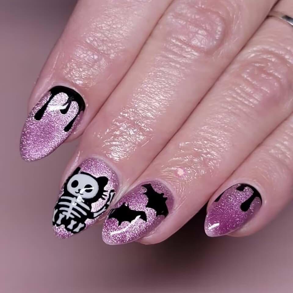 Halloween Press on Nails Short Almond - Purple Cat Eye Fake Nails Glitter False Nails Press ons