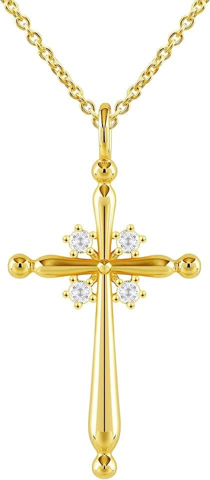 Premium Cross Necklace for Women 18k Gold Plated Vermeil, Trendy Jesus Gold Cross Pendant Chain 5A