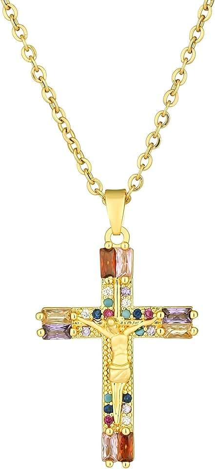 Gold Cross Necklace for Women - Handmade CZ Dainty Faith Pendant Necklace, 18K Plated