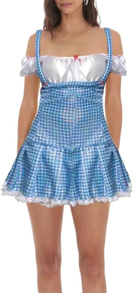 Womens Halloween Dorothy Dress Up Costume Sleeveless Lace Plaid Mini Dress Wizard of Halloween