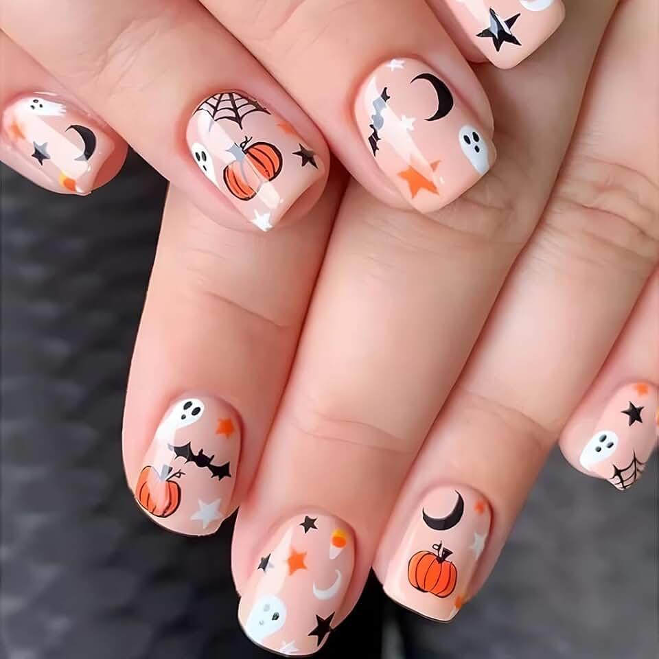 Short Halloween Press on Nails Square Fake Nails Cartoon Funny Pumpkin Nails Halloween Design Glue