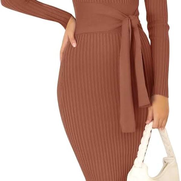 Women's 2024 Fall Sweater Dress V Neck Long Sleeve Ribbed Knit Tie Waist Slim Fit Bodycon Midi Dresses