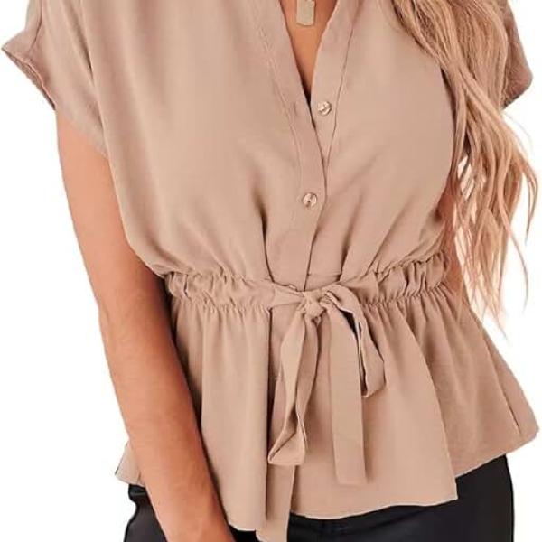 Womens Button Down Blouses Casual Peplum Summer Tops Dressy Chiffon Work Blouse