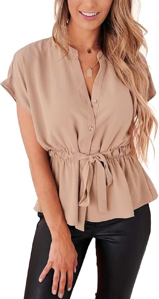 Womens Button Down Blouses Casual Peplum Summer Tops Dressy Chiffon Work Blouse