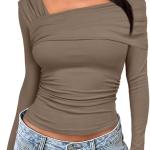 Darong Women's One Off Shoulder Long Sleeve Top Ruched Going Out Tops Slim Fit Y2K Shirt Crop Top