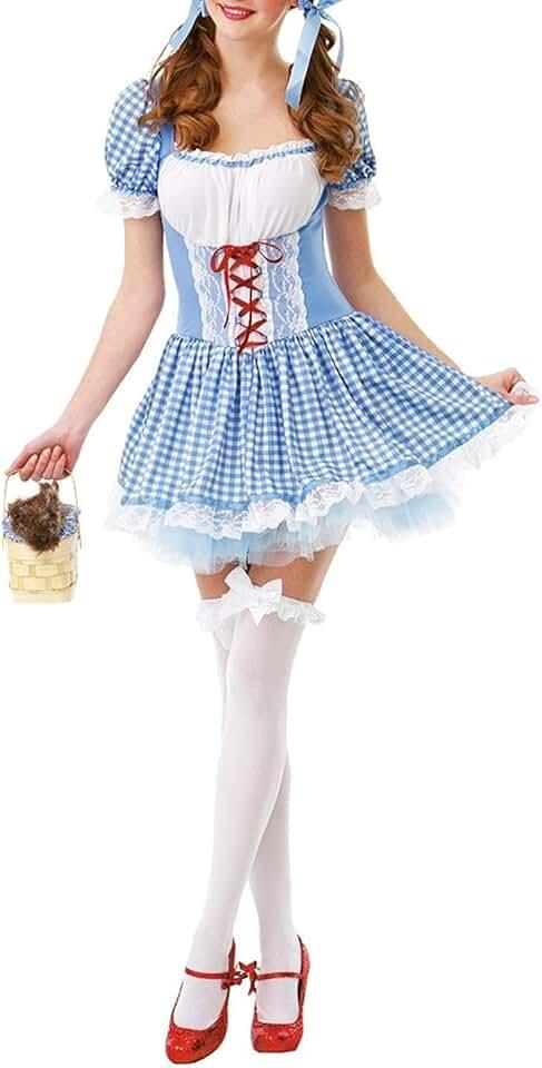 Women Dorothy Dress Halloween Dress Up Costume Girls Cosplay Costume Blue Gingham Dress for Party