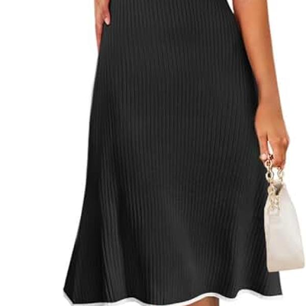 Women's V Neck Ribbed Knit Midi Dress Short Sleeve Button Elegant Bodycon Sweater Dresses