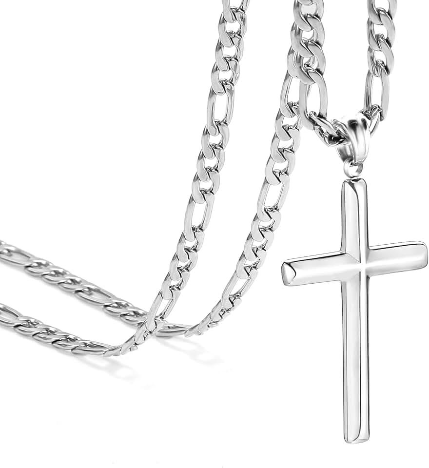 Cross Necklace for Men and Women-Stainless Steel Figaro Necklace,18K Gold Plated/Silver Cross