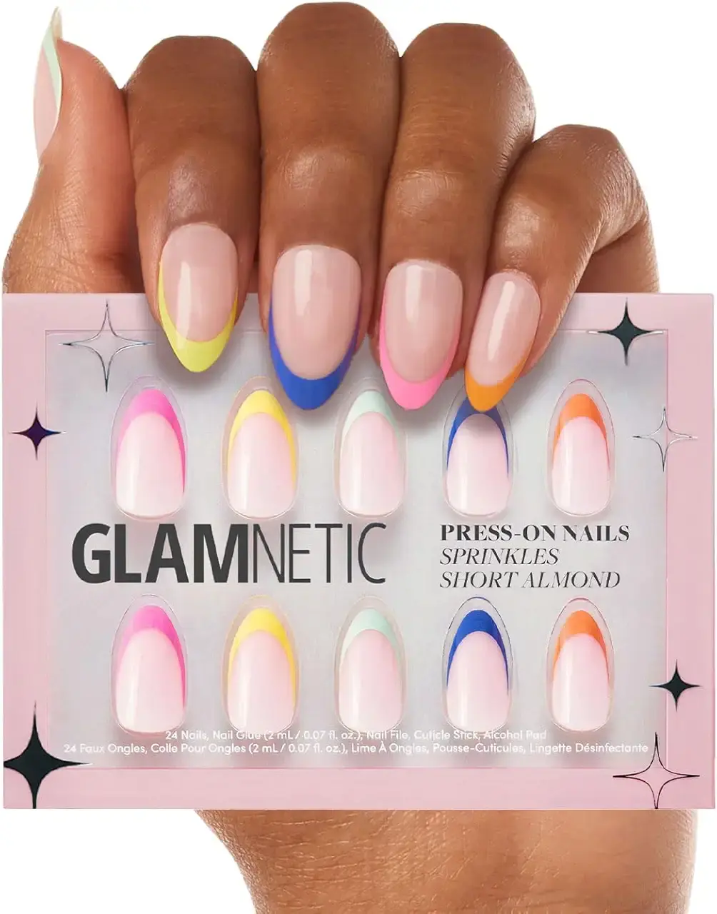 Glamnetic Press On Nails - Sprinkles | Rainbow French Tip Nails, UV Finish Short Pointed Almond